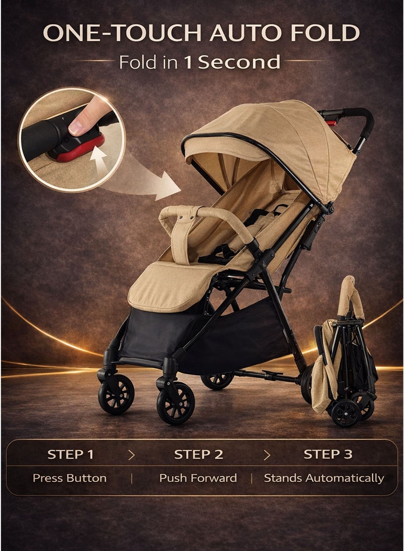 Spectrum One-Hand Folding Baby Stroller Buggy Pushchair Pram Cart for Newborn Children Infant Kids Toddler 0–3 Years, Self Standing Trolley When Folded, Lightweight Compact Travel Stroller Car Trunk Friendly, Adjustable Reclining Backrest and Footrest 360° Swivel Front Wheels One-Foot Dual Rear Brake One-Link Brake, 5-Point Safety Harness, Detachable Armrest Bar, Round Canopy, Large Shopping Storage Basket - Image 3