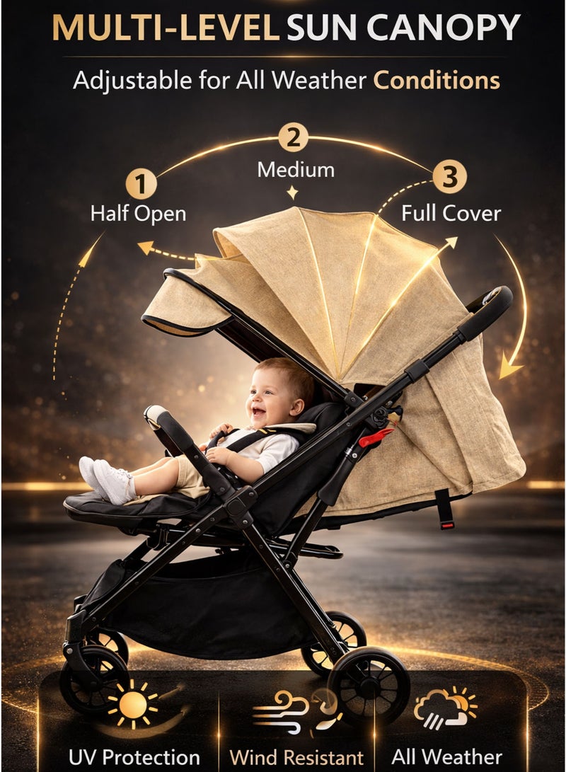 Spectrum One-Hand Folding Baby Stroller Buggy Pushchair Pram Cart for Newborn Children Infant Kids Toddler 0–3 Years, Self Standing Trolley When Folded, Lightweight Compact Travel Stroller Car Trunk Friendly, Adjustable Reclining Backrest and Footrest 360° Swivel Front Wheels One-Foot Dual Rear Brake One-Link Brake, 5-Point Safety Harness, Detachable Armrest Bar, Round Canopy, Large Shopping Storage Basket - Image 4
