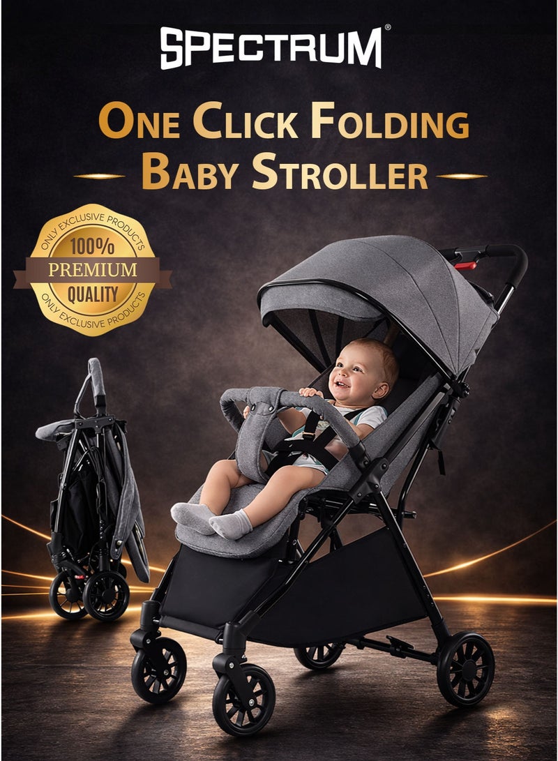 Spectrum One-Hand Folding Baby Stroller Buggy Pushchair Pram Cart for Newborn Children Infant Kids Toddler 0–3 Years, Self Standing Trolley When Folded, Lightweight Compact Travel Stroller Car Trunk Friendly, Adjustable Reclining Backrest and Footrest 360° Swivel Front Wheels One-Foot Dual Rear Brake One-Link Brake, 5-Point Safety Harness, Detachable Armrest Bar, Round Canopy, Large Shopping Storage Basket - Image 1
