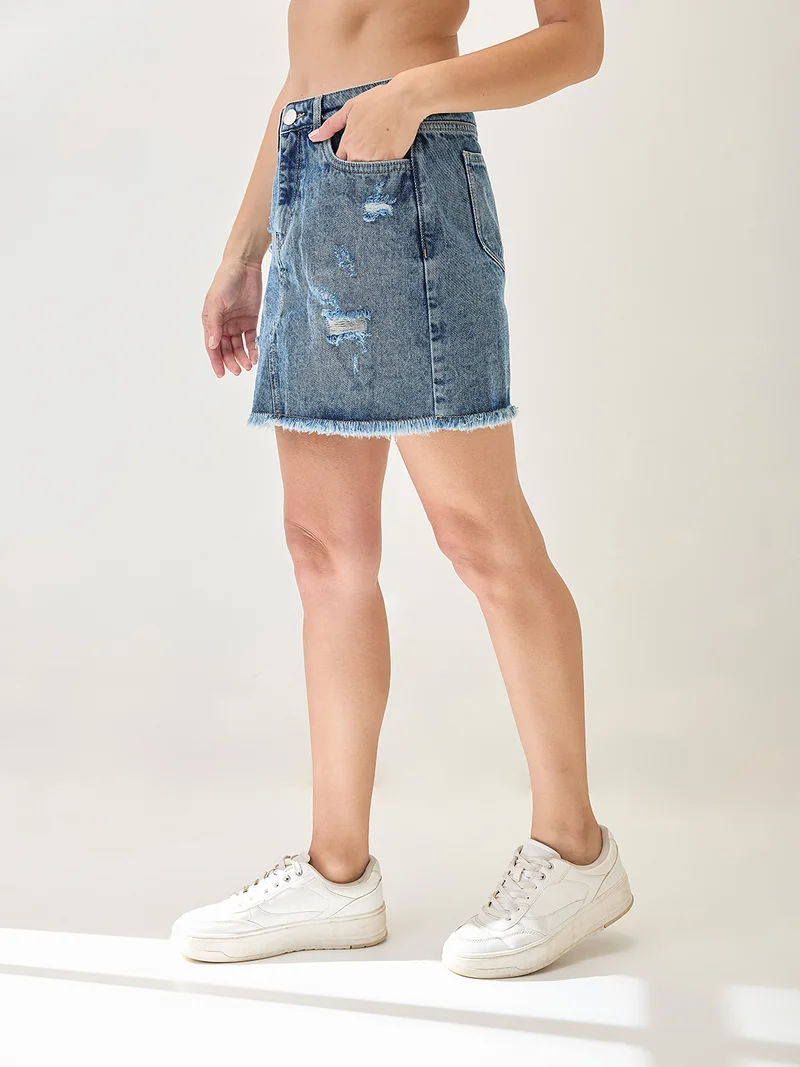globus Women Mid Rise Distressed & Frayed Hem Mini Denim Skirt
