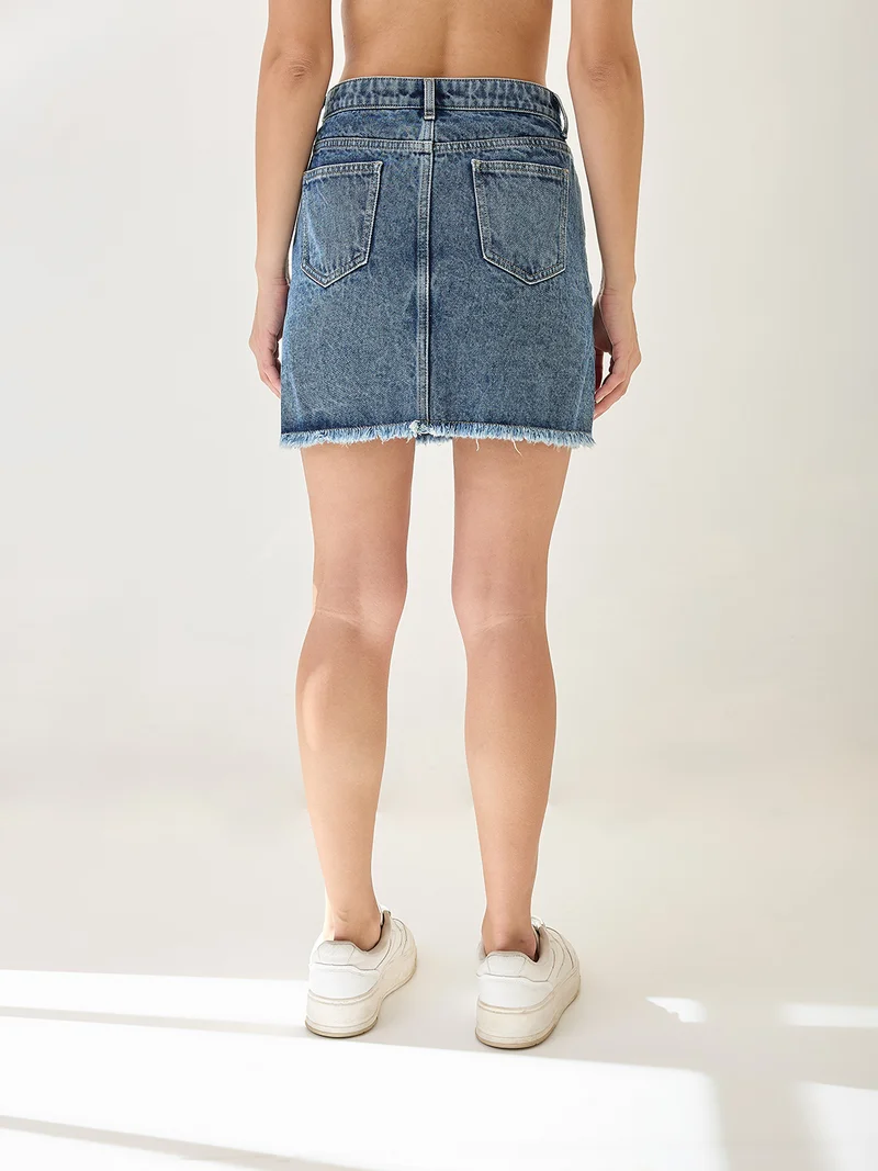 globus Women Mid Rise Distressed & Frayed Hem Mini Denim Skirt
