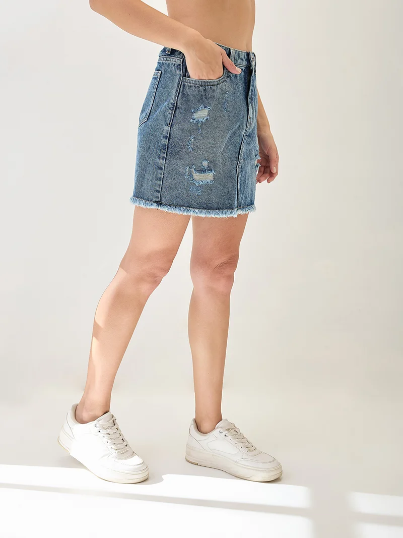 globus Women Mid Rise Distressed & Frayed Hem Mini Denim Skirt