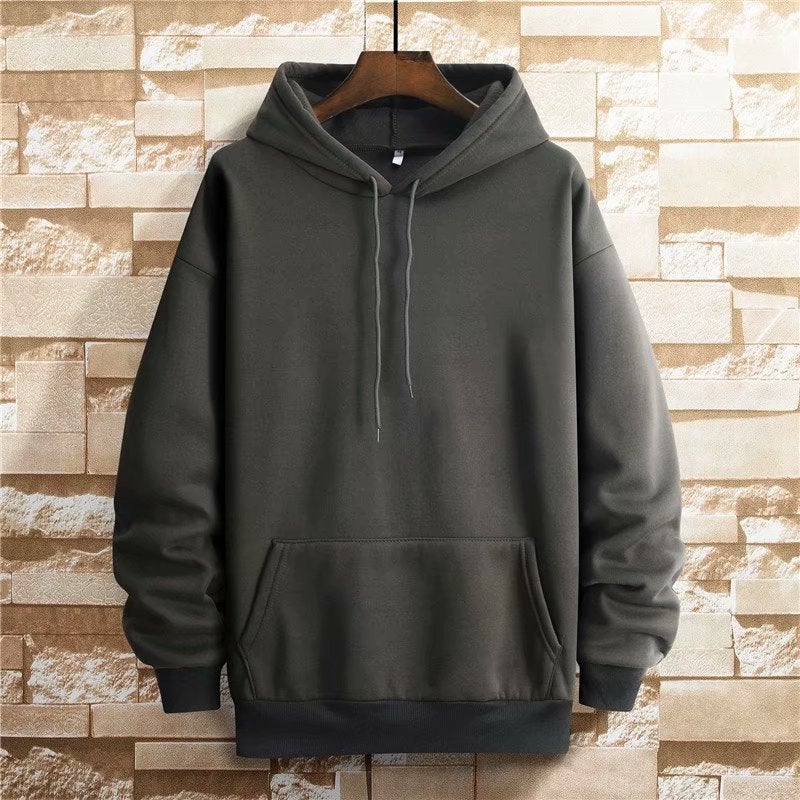 Sweat Mens Hooded Spring and Autumn Ins Student Hong Kong Style Solid Color fleece-lined Thickened Loose plus size Blank Top for Couple black gray