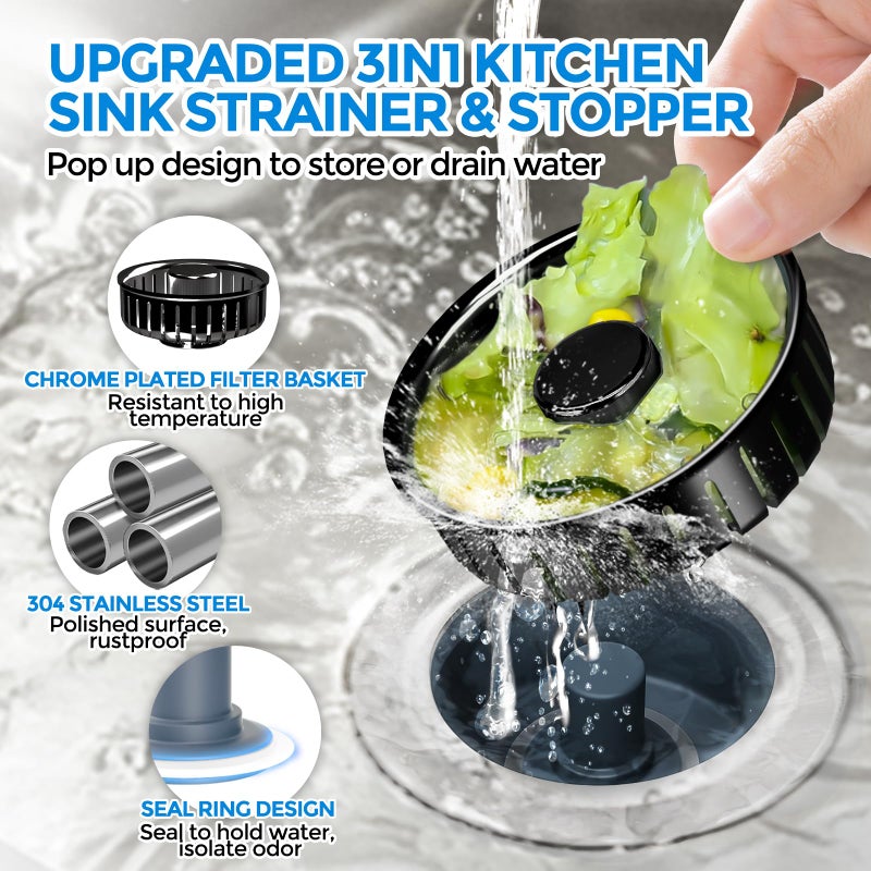 zaa Kitchen Sink Drain Strainer - Kitchen Sink Stopper, 304 Stainless Steel Sink Drain Stopper, Sink Protector for Kitchen with Anti-Clog Filter, Fit US Standard 3-1/2'' Sink Drain Hole, Black - Image 2