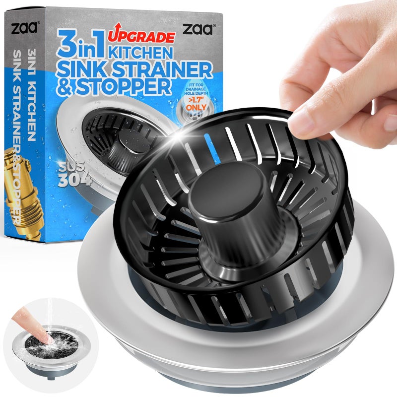 zaa Kitchen Sink Drain Strainer - Kitchen Sink Stopper, 304 Stainless Steel Sink Drain Stopper, Sink Protector for Kitchen with Anti-Clog Filter, Fit US Standard 3-1/2'' Sink Drain Hole, Black - Image 1