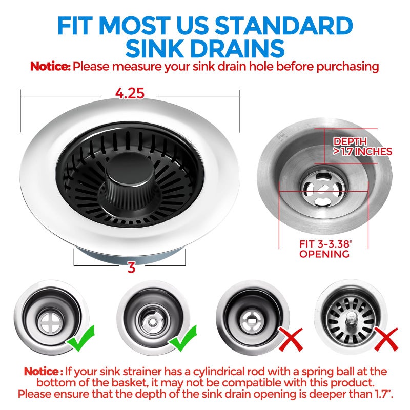 zaa Kitchen Sink Drain Strainer - Kitchen Sink Stopper, 304 Stainless Steel Sink Drain Stopper, Sink Protector for Kitchen with Anti-Clog Filter, Fit US Standard 3-1/2'' Sink Drain Hole, Black - Image 4