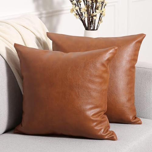 Yaertun Set of 2 Faux Leather Decorative Throw Pillow Covers Modern Solid Outdoor Cushion Cases Luxury Pillowcases for Couch Sofa Bed 26x26 Inches Brown