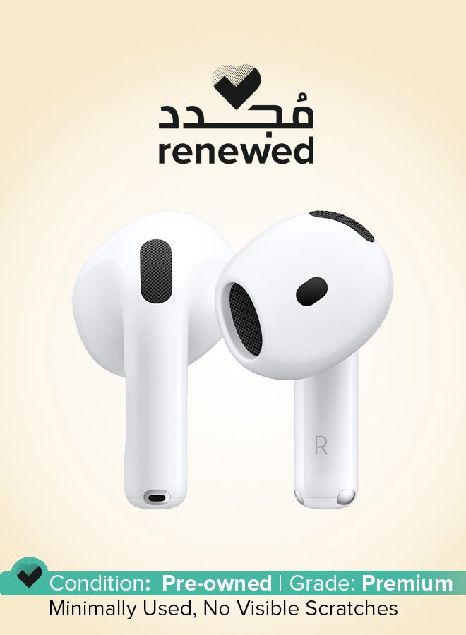 Renewed - AirPods 4 Wireless Earbuds, Bluetooth Headphones, Personalized Spatial Audio, Sweat and Water Resistant, USB-C Charging Case, H2 Chip, Up to 30 Hours of Battery Life, Effortless Setup For IPhone white