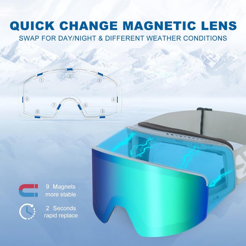 EXP VISION Ski/Snowboard Goggles, Magnetic Lens Snow Goggles with Anti-Fog & UV400 Protection for Men & Women (Gray Frame-Green) - Image 2