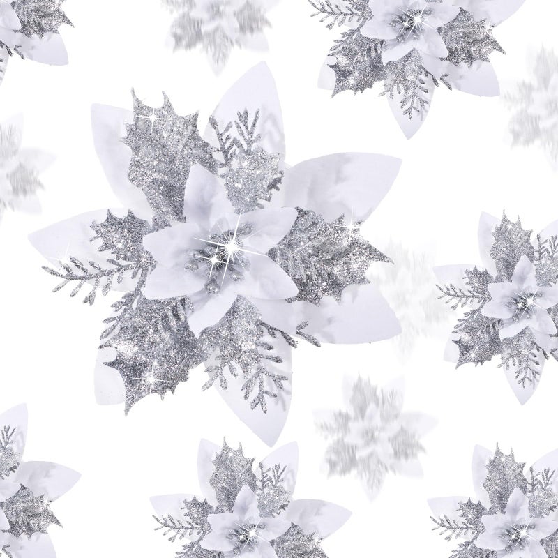 Geosar 24 Christmas Glitter Artificial Poinsettia Flowers Xmas Poinsettia Artificial Wedding Flowers Decorations Xmas Tree Ornaments with Clips for Party Favors 6 Inch 4 Inch 3 Inch White - Image 2