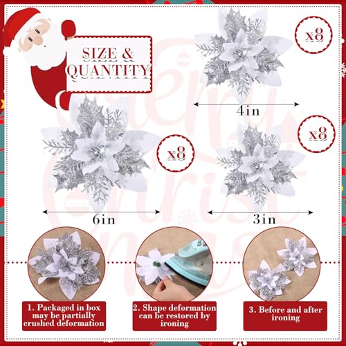 Geosar 24 Christmas Glitter Artificial Poinsettia Flowers Xmas Poinsettia Artificial Wedding Flowers Decorations Xmas Tree Ornaments with Clips for Party Favors 6 Inch 4 Inch 3 Inch White - Image 3