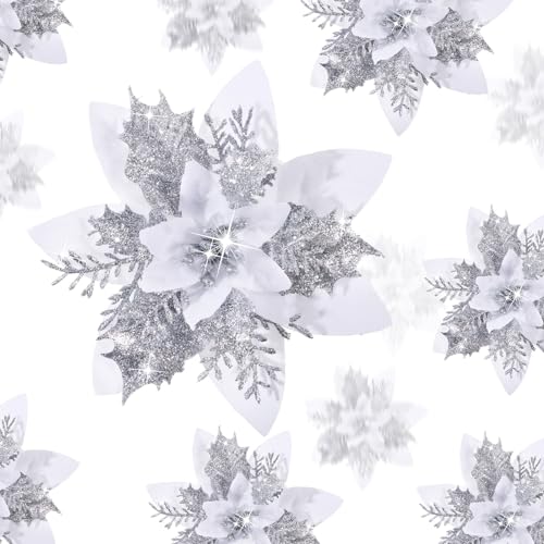 Geosar 24 Christmas Glitter Artificial Poinsettia Flowers Xmas Poinsettia Artificial Wedding Flowers Decorations Xmas Tree Ornaments with Clips for Party Favors 6 Inch 4 Inch 3 Inch White - Image 1