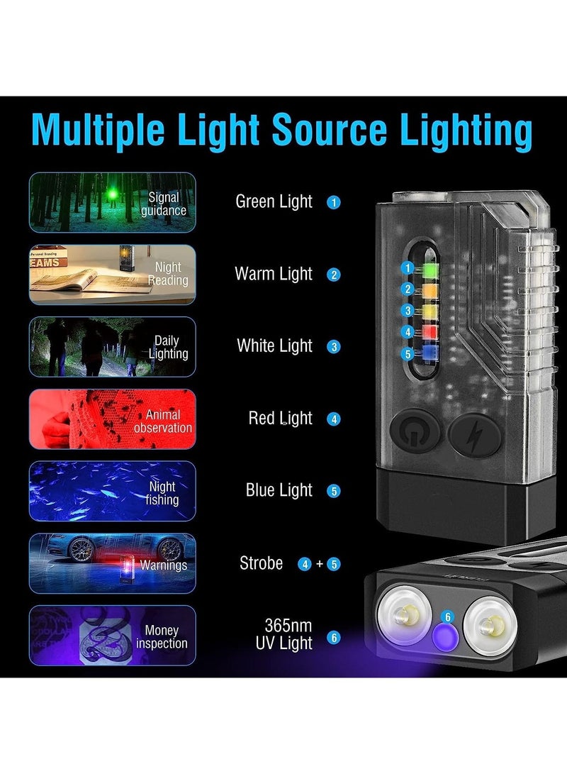 مصباح يدوي LED صغير EDC قوي ، فائق السطوع 1000 لومن ، 365 نانومتر UV أحمر أخضر أزرق فاتح ، مصباح يدوي صغير USB C قابل لإعادة الشحن ، سلسلة مفاتيح للجيب ، 14 وضعًا ، ذيل مغناطيسي ، صفارة (أسود) - Image 4
