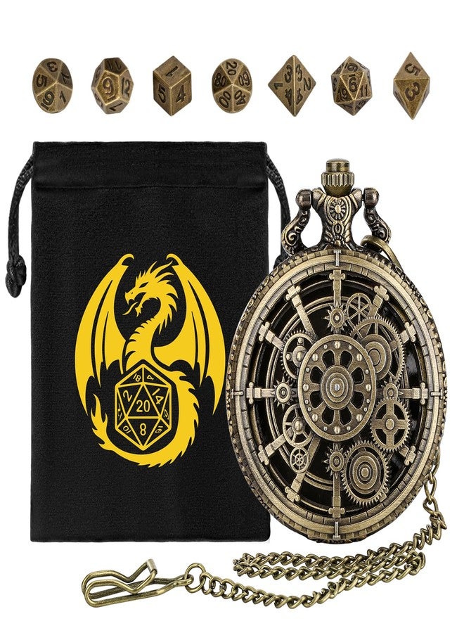 DND DADO Mini DND Dice Set with Hollow Gear Pocket Watch Shell Case, 7pcs Polyhedral Metal Dice Set, D&D Starter Set, DND Gifts with Gift Bag, Role Playing Board Games Accessories, Bronze - Image 1