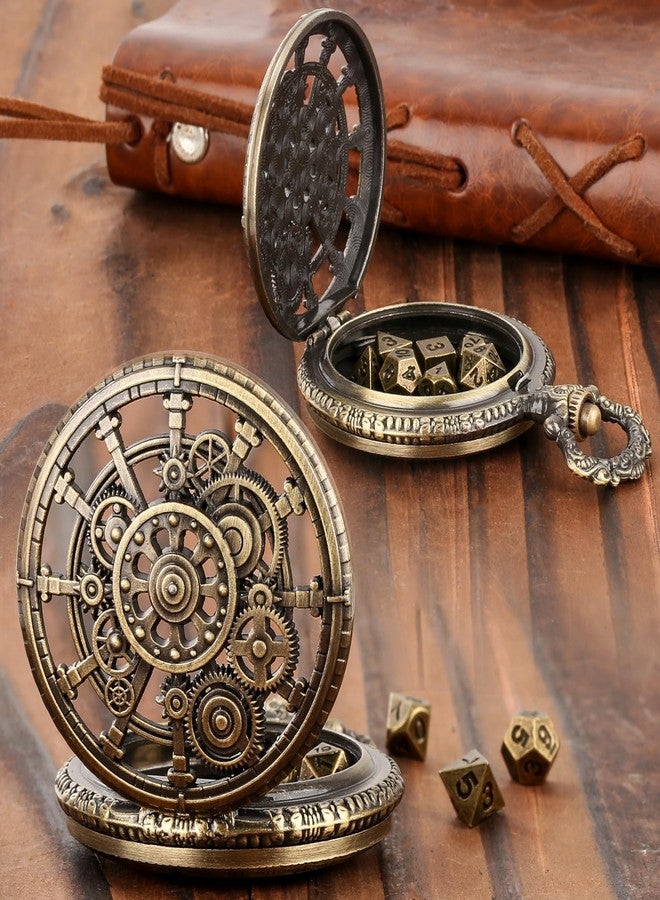 DND DADO Mini DND Dice Set with Hollow Gear Pocket Watch Shell Case, 7pcs Polyhedral Metal Dice Set, D&D Starter Set, DND Gifts with Gift Bag, Role Playing Board Games Accessories, Bronze - Image 3