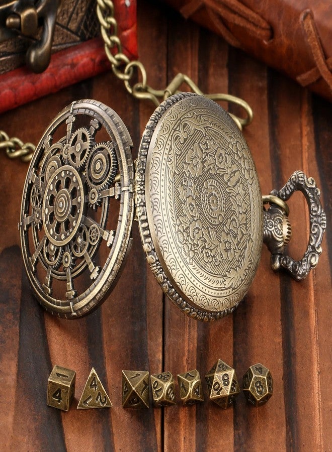 DND DADO Mini DND Dice Set with Hollow Gear Pocket Watch Shell Case, 7pcs Polyhedral Metal Dice Set, D&D Starter Set, DND Gifts with Gift Bag, Role Playing Board Games Accessories, Bronze - Image 4
