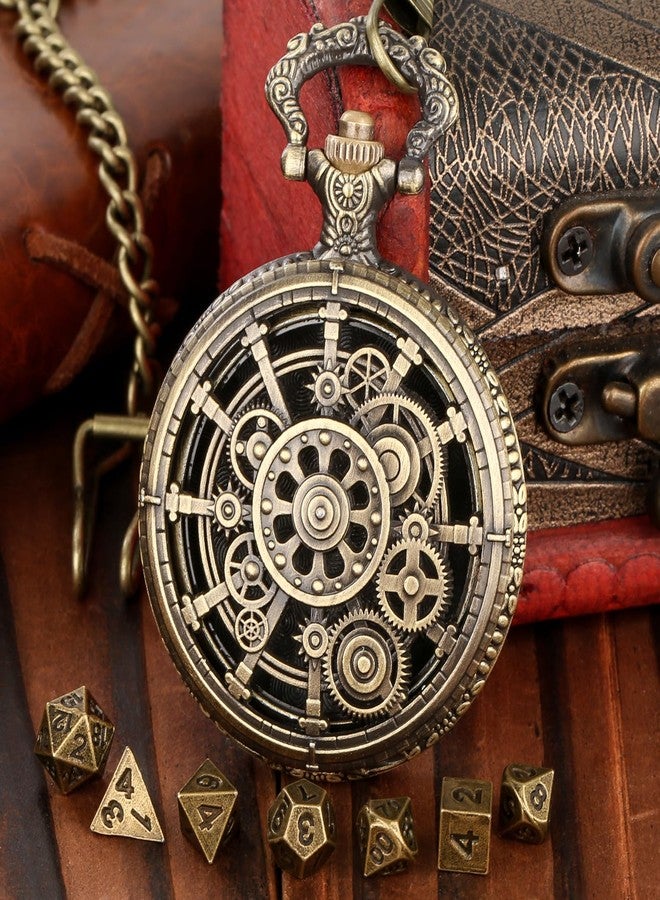 DND DADO Mini DND Dice Set with Hollow Gear Pocket Watch Shell Case, 7pcs Polyhedral Metal Dice Set, D&D Starter Set, DND Gifts with Gift Bag, Role Playing Board Games Accessories, Bronze - Image 2
