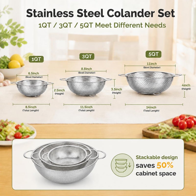 TeamFar Colander Set of 3, Stainless Steel Perforated Colander Strainer - Image 2