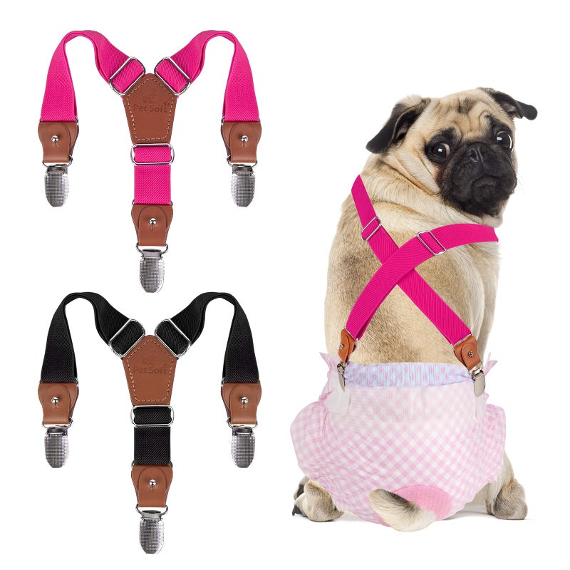 Pet Soft Dog Suspenders 2 Pieces Female Dog Diaper Suspenders for Dogs Diaper Keeper Suspender for Skirt, Dress, Diapers (Black & Pink, XS/S) - Image 1