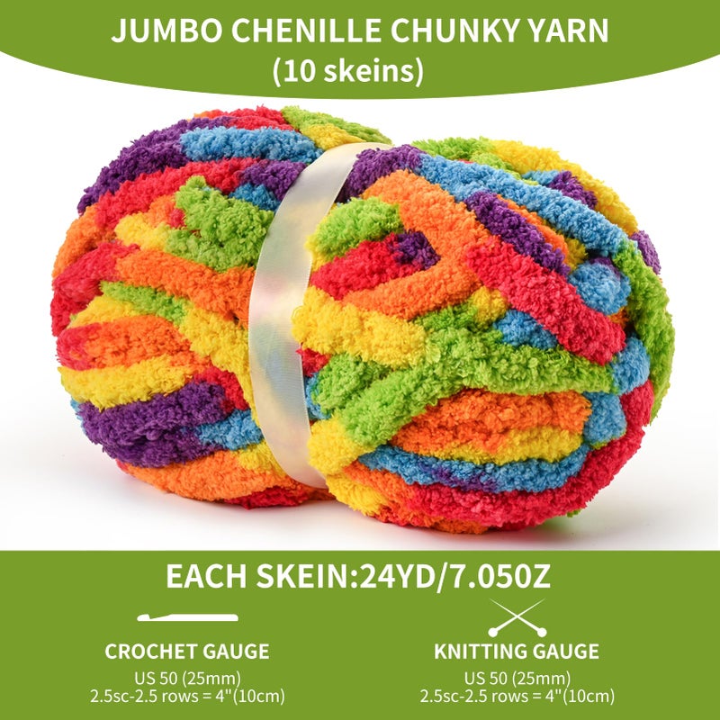 OMoiut 10 Pack Jumbo Chunky Yarn for Hand Knitting, Fluffy Variegated Chunky Chenille Yarn for Crocheting, 240yds/70.5oz Super Bulky Soft Crochet Baby Blanket Yarn(Rainbow) - Image 2