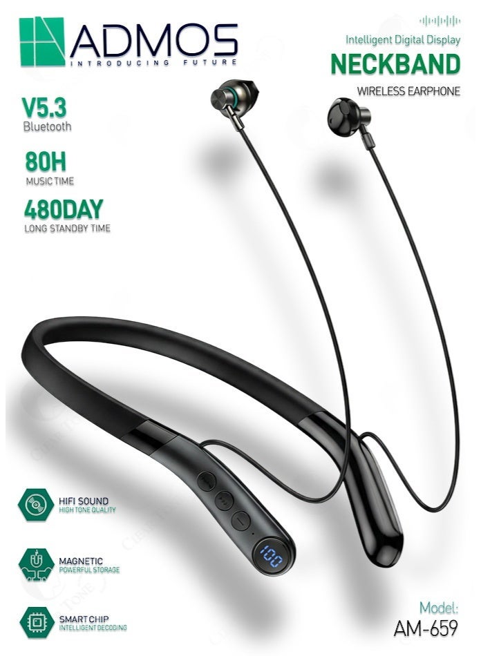 Admos Wireless Neckband Headphone AM-659 With HiFi Sound | Intelligent Smart Chip | Bluetooth 5.3 Auto Connect Technology | 80 House Music Play Time | Magnetic Design, IPX4 Waterproof & Sweatproof | LED Digital Power Display | 600mAh Long Endurance Battery | Skin Friendly Silicone Material For Extra Comfort (Black) - Image 1