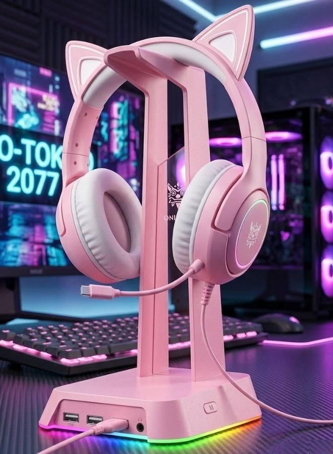 ONIKUMA Gaming Headphone Stand With White RGB Lighting USB port - Image 1