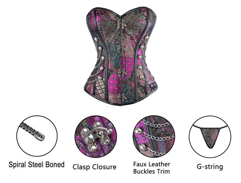 Charmian Women's Steampunk Gothic Spiral Steel Boned Brocade Waist Cincher Overbust Corset with Chains Purple XX-Large - Image 5