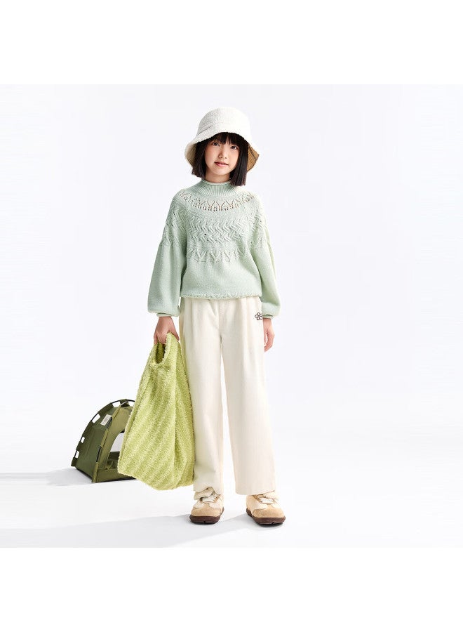 Annil Kids Girls' Full Waist Woven Pants Long Corduroy Trousers Milk Candy White 130 - Image 2