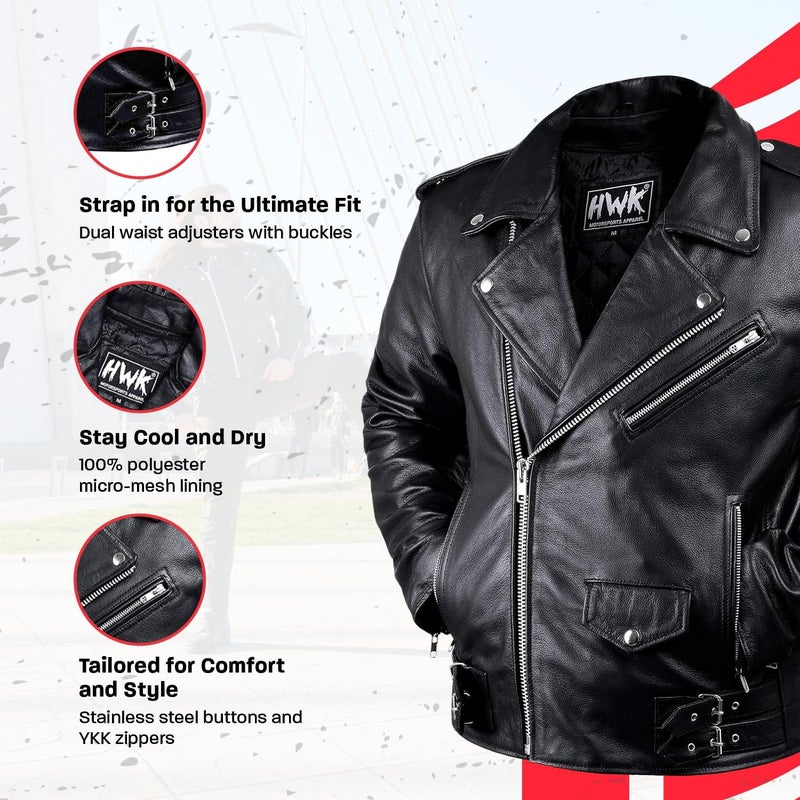 HWK Brando Leather Motorcycle Jacket for Men, Genuine Black Leather Jacket with Removable CE Armor for Motorbike Riding - Image 3