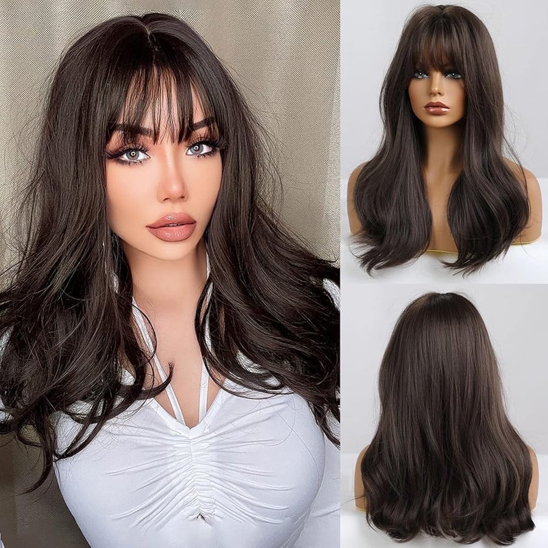 ECIF Brown Wigs With Bangs Medium Length Curly Wigs For Women Natural Looking Synthetic Wigs For Daily Use Pelucas De Cabello Natural (Dark Brown) - Image 1