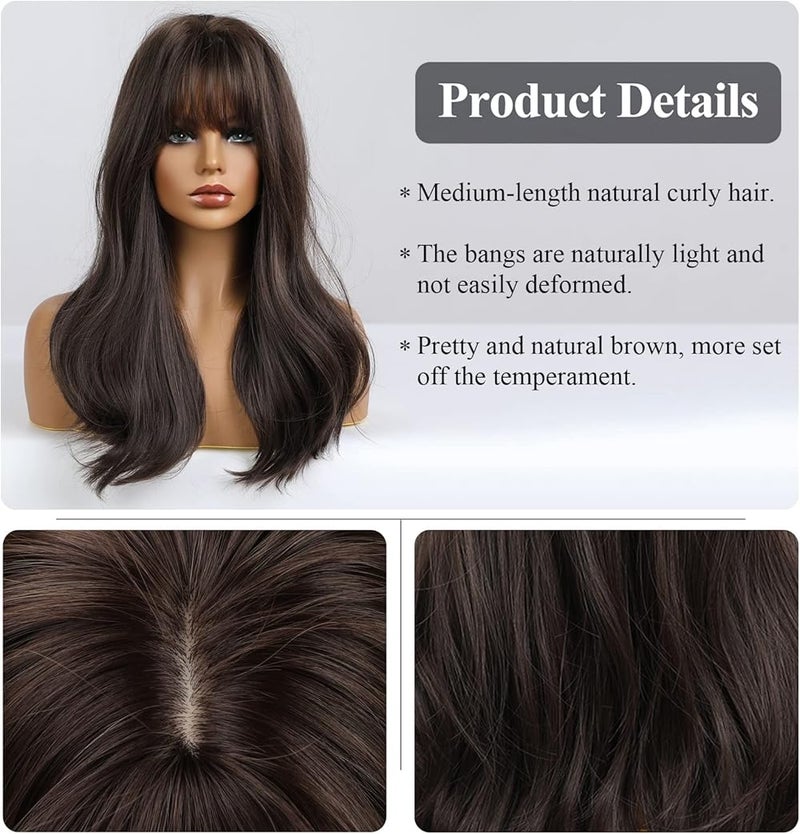ECIF Brown Wigs With Bangs Medium Length Curly Wigs For Women Natural Looking Synthetic Wigs For Daily Use Pelucas De Cabello Natural (Dark Brown) - Image 2