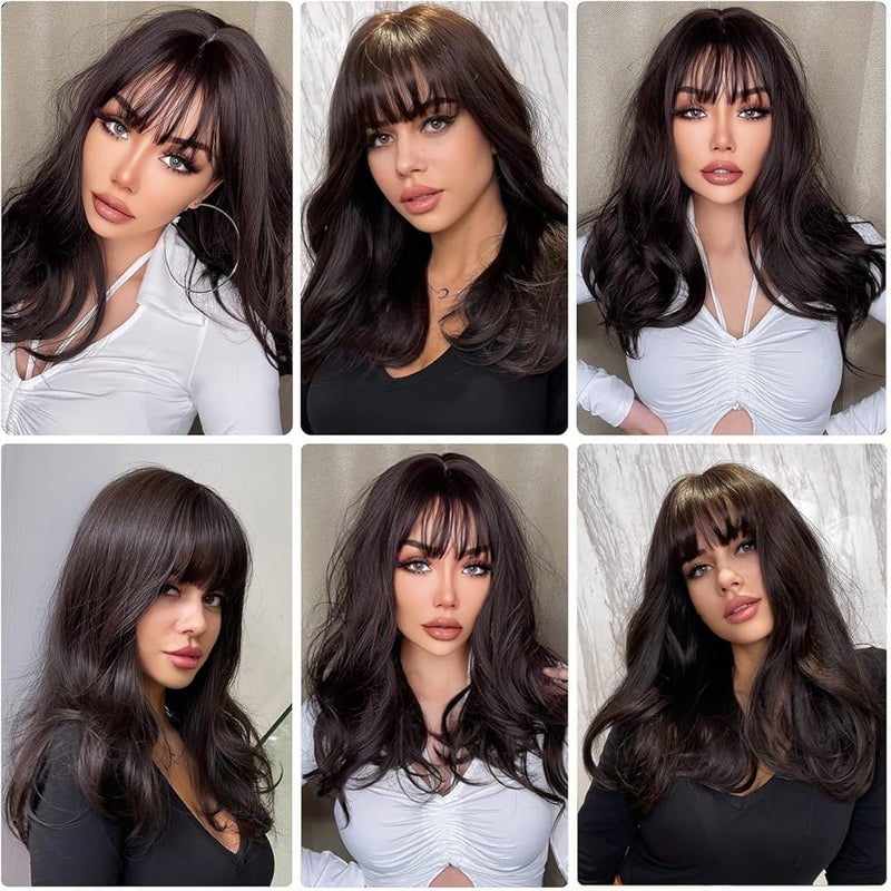 ECIF Brown Wigs With Bangs Medium Length Curly Wigs For Women Natural Looking Synthetic Wigs For Daily Use Pelucas De Cabello Natural (Dark Brown) - Image 4