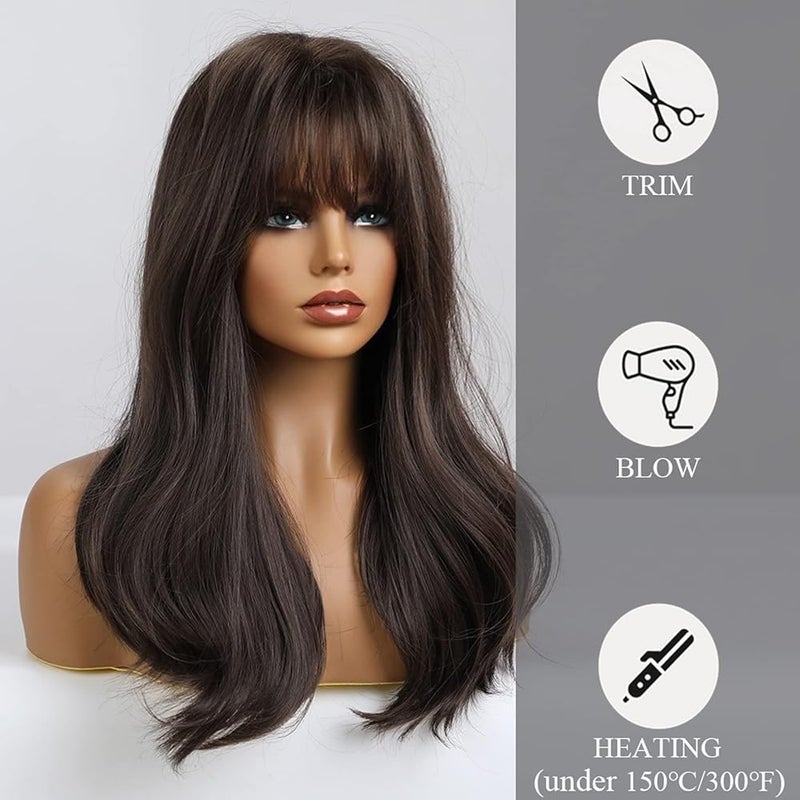 ECIF Brown Wigs With Bangs Medium Length Curly Wigs For Women Natural Looking Synthetic Wigs For Daily Use Pelucas De Cabello Natural (Dark Brown) - Image 3