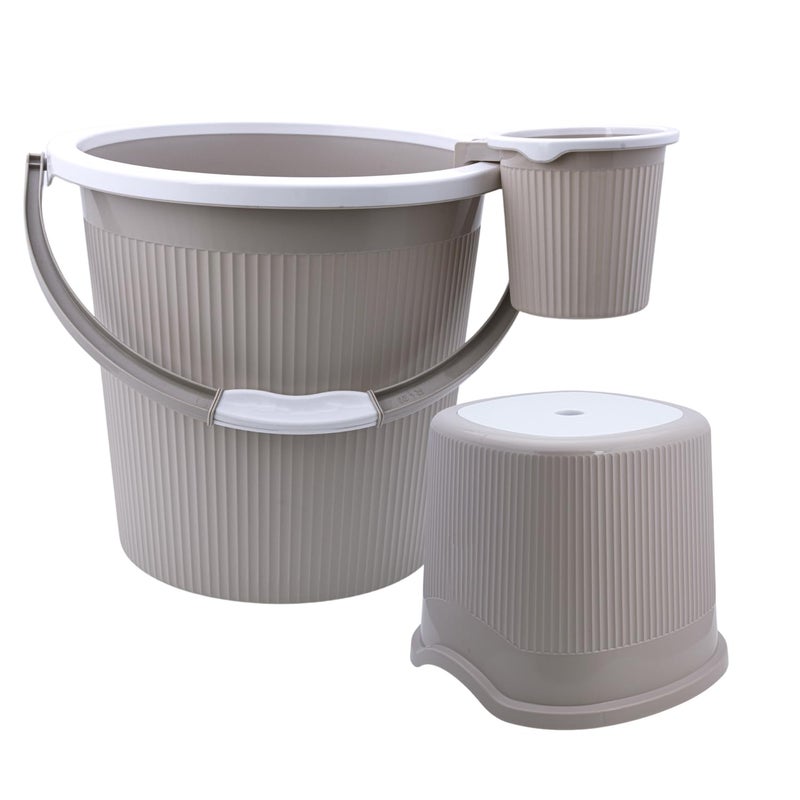AIR O MATIC AIR O MATIC 3pc New Plastic Bathroom Set Round Double Moulded Unbreakable 20 LTR Bucket 1 LTR Mug and Stool Ivory Brown 