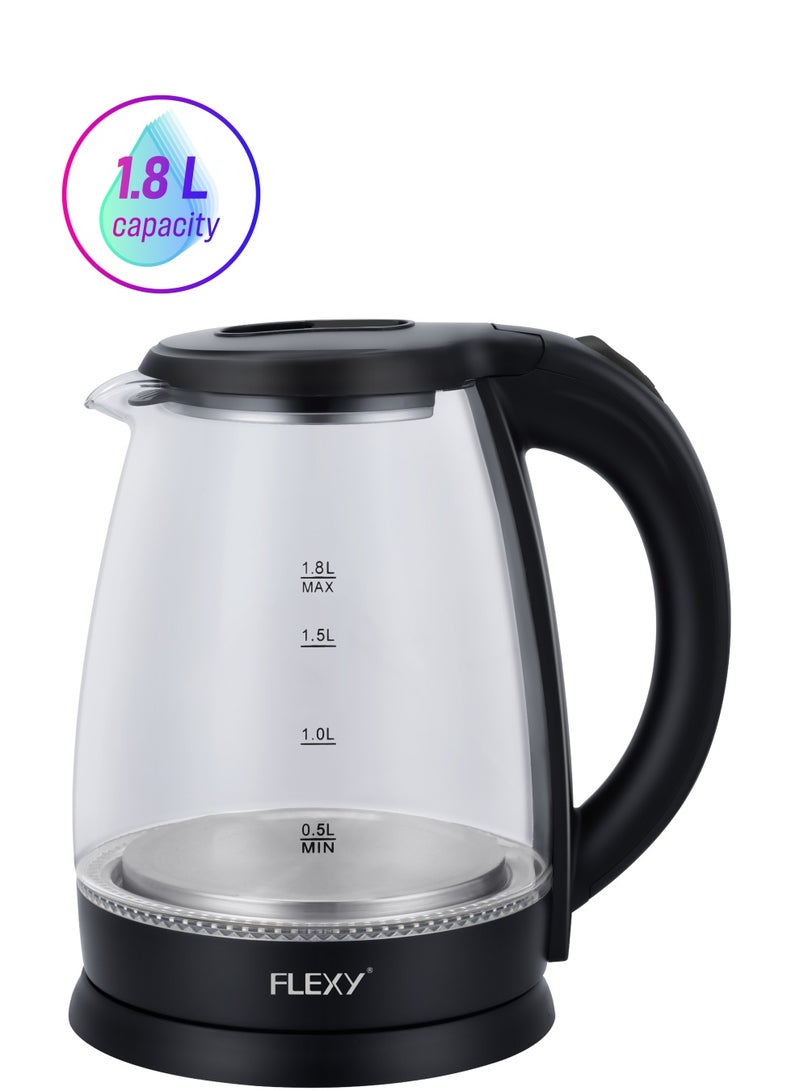 Flexy FLEXY®1.8 Liter Glass Body Electric Cordless Kettle with 360° Swivel Base, Power Cord Storage, Auto Cut-off Function, LED Indicator, 1500 Watts - Image 1