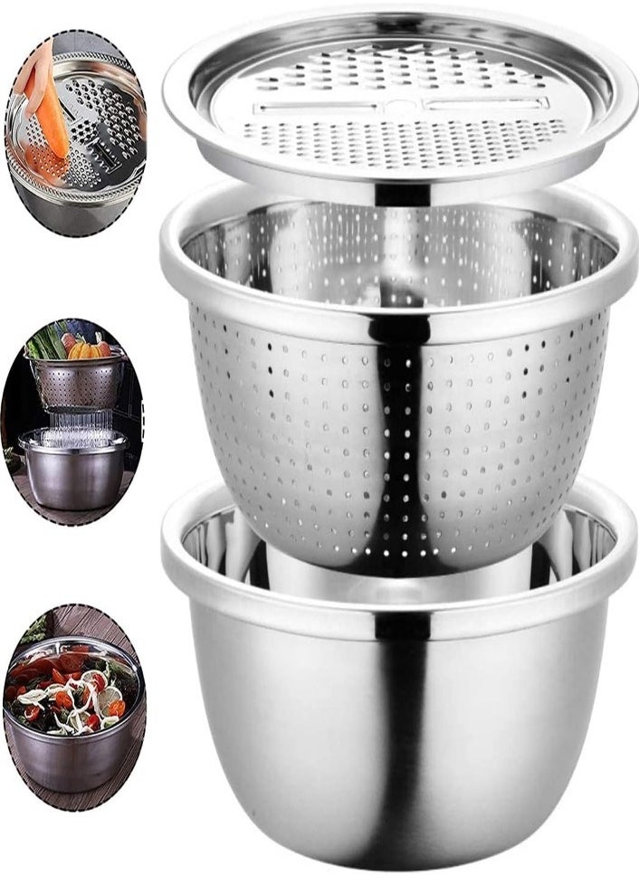XVersion Stainless Steel 3 in 1 Kitchen Multipurpose Kitchen Bowl, Drain Basket, Graters for Vegetables, Fruit Cutter, Grater Kitchen Mesh Strainers Total 3 Piece Strainer,Bowl,Chopper 28CM  - Image 1