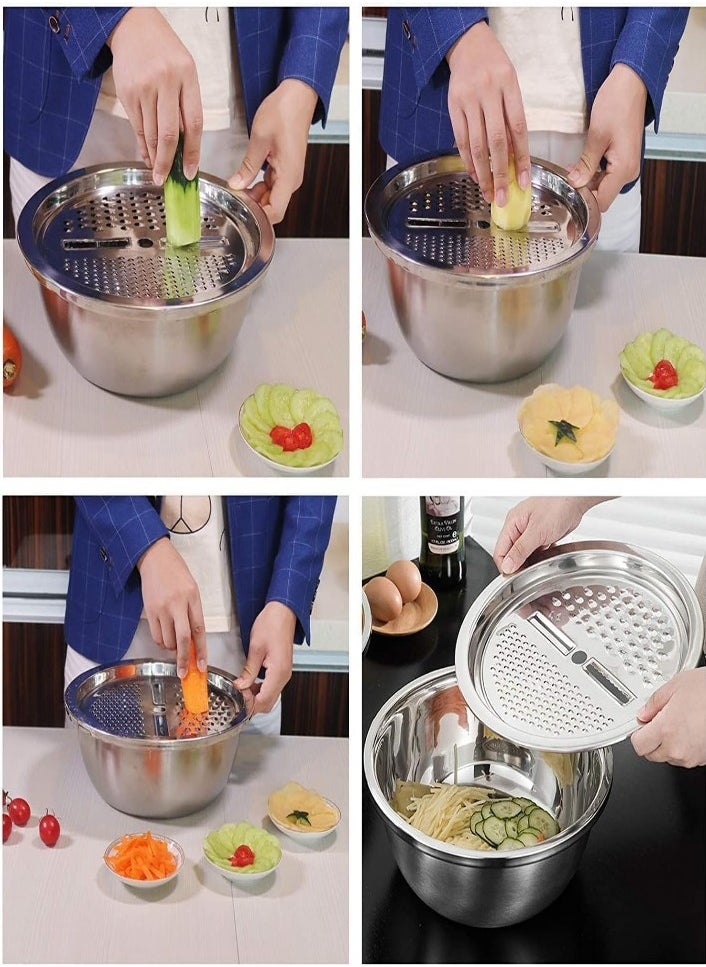 XVersion Stainless Steel 3 in 1 Kitchen Multipurpose Kitchen Bowl, Drain Basket, Graters for Vegetables, Fruit Cutter, Grater Kitchen Mesh Strainers Total 3 Piece Strainer,Bowl,Chopper 28CM  - Image 3