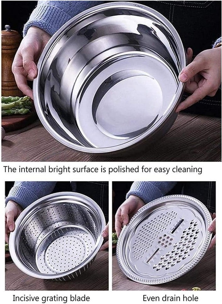 XVersion Stainless Steel 3 in 1 Kitchen Multipurpose Kitchen Bowl, Drain Basket, Graters for Vegetables, Fruit Cutter, Grater Kitchen Mesh Strainers Total 3 Piece Strainer,Bowl,Chopper 28CM  - Image 4