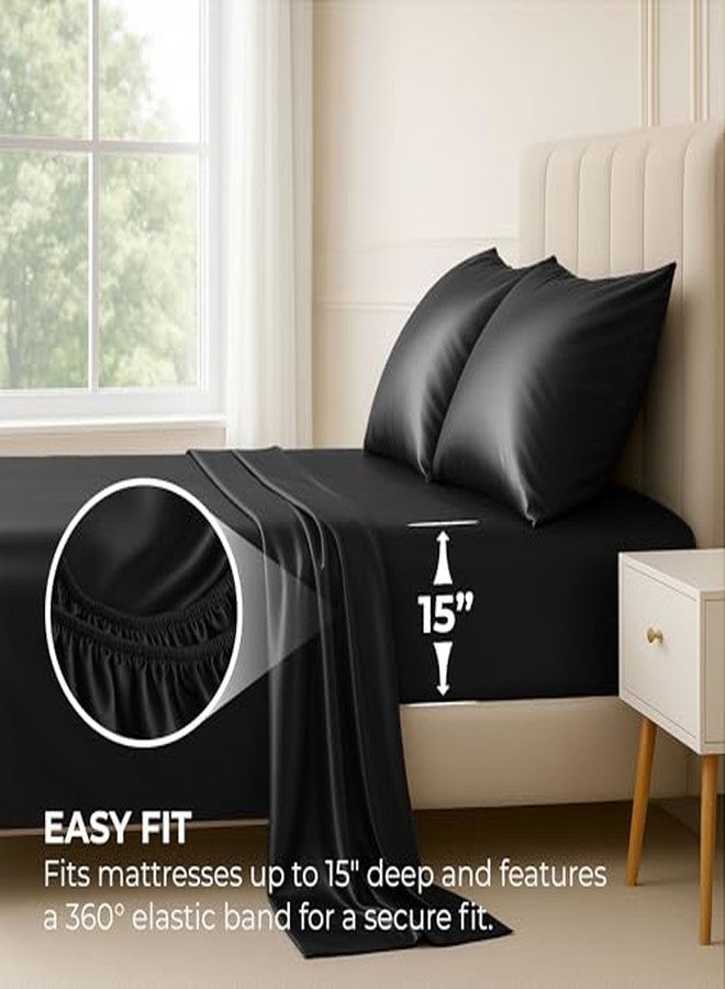 Pure Bedding ملاءات سرير ساتان كينج [4 قطع، أسود] ملاءات فاخرة ناعمة كالحرير - طقم ملاءات من الألياف الدقيقة فائقة النعومة 1800، مقاومة للتجاعيد والبهتان والبقع - ملاءة مثبتة بجيب عميق، ملاءة مسطحة، أغطية وسائد - Image 4