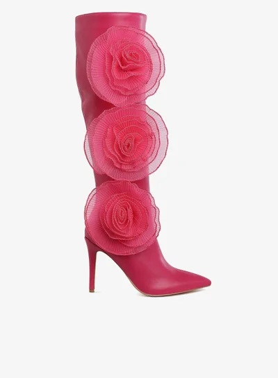 London Rag Sheer Big Rose Detail Long Boots in Fuchsia