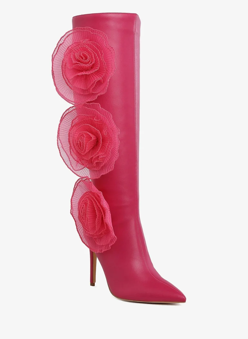 London Rag Sheer Big Rose Detail Long Boots in Fuchsia