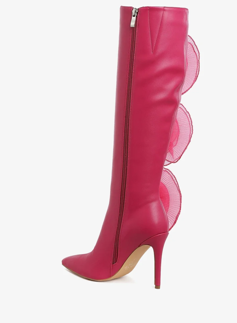 London Rag Sheer Big Rose Detail Long Boots in Fuchsia