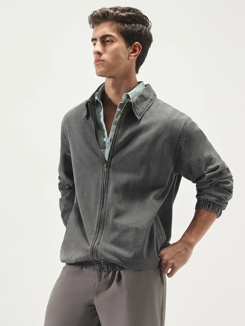 أوربانو فاشن Urbano Fashion Men's Light Grey Relaxed Fit Full Sleeve Harrington Denim Jacket