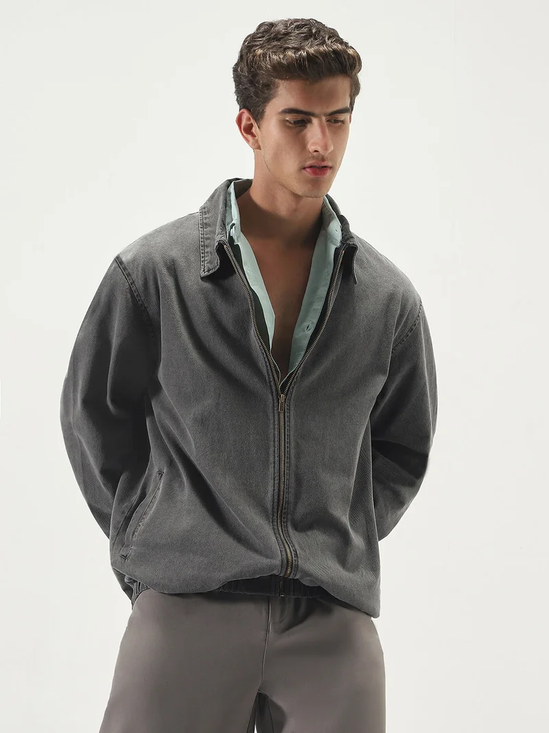 أوربانو فاشن Urbano Fashion Men's Light Grey Relaxed Fit Full Sleeve Harrington Denim Jacket