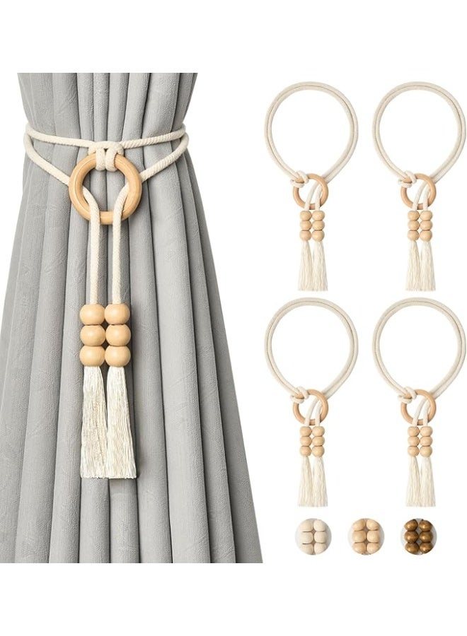 انتيكيانو أربطة ستائر من حبال القطن الطبيعي بنمط بوهيمي، أربطة خلفية أنيقة منسوجة يدويا مع حلقة خشبية لستائر نوافذ المنزل والمكتب من 4 قطع - Image 1