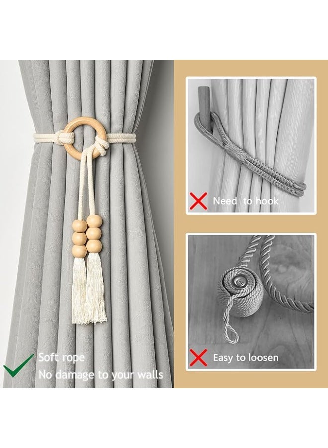 انتيكيانو أربطة ستائر من حبال القطن الطبيعي بنمط بوهيمي، أربطة خلفية أنيقة منسوجة يدويا مع حلقة خشبية لستائر نوافذ المنزل والمكتب من 4 قطع - Image 2