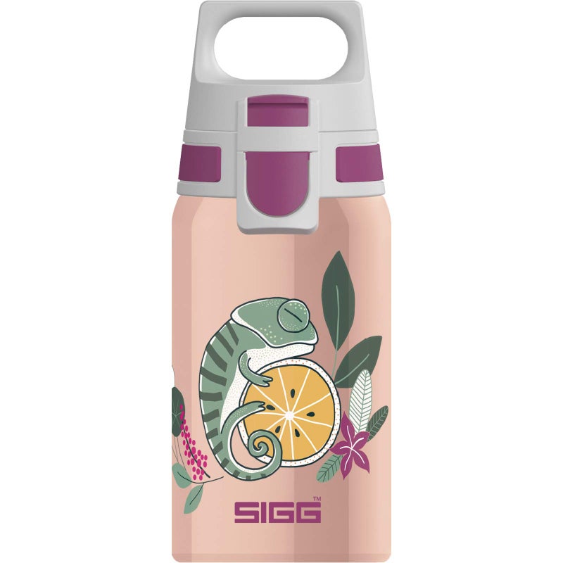 SIGG - Kids Water Bottle - Shield ONE Flora - Leakproof - Lightweight - BPA Free - Stainless Steel - Pink With Chameleon - 17 Oz