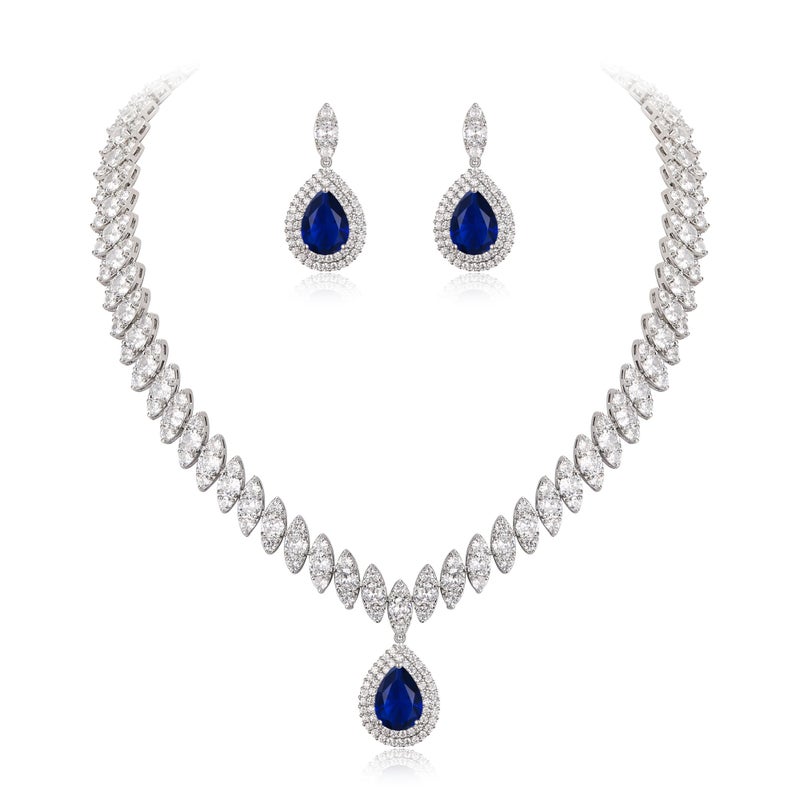 EVER FAITH مجموعة قلادة وأقراط زفاف من EVER FAITH للنساء بتصميم ورقة قطرة دمعة CZ ماركيز باللون الأزرق والفضي - Image 1