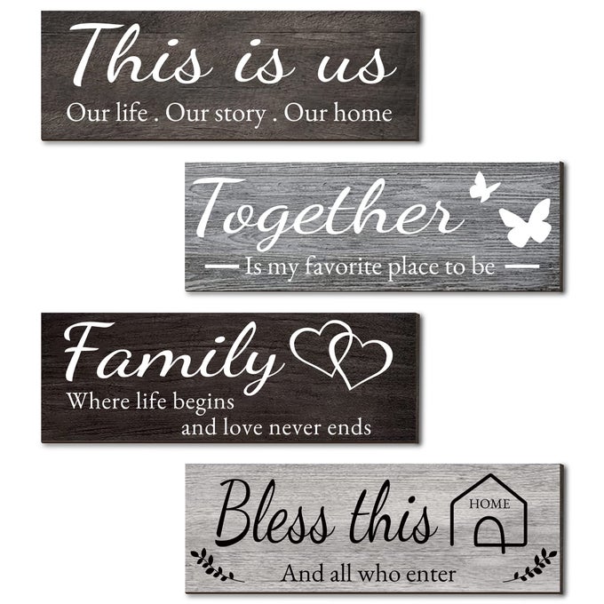 4 Pieces Home Wall Decor Signs THIS IS USTOGETHERBLESS THIS HOMEFAMILY Wall Decor For Living Room Bedroom Rustic Wooden Farmhouse Wall Art Decor 47 x 138 InchMixed Color