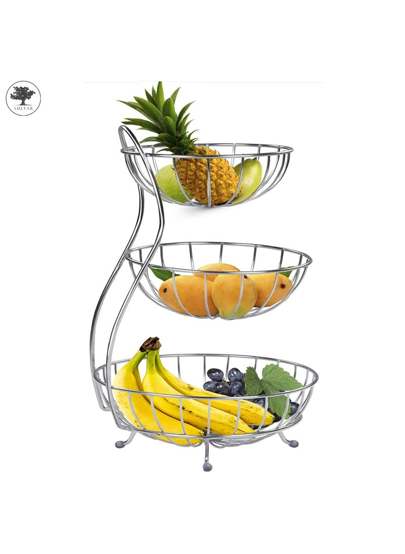 sulfar SS Unique Stacked 3 Tier Bowls Fruits Basket, Dining Table & Kitchen Counter Organizer, Modern Fruit Basket Stand (Silver)  - Image 3